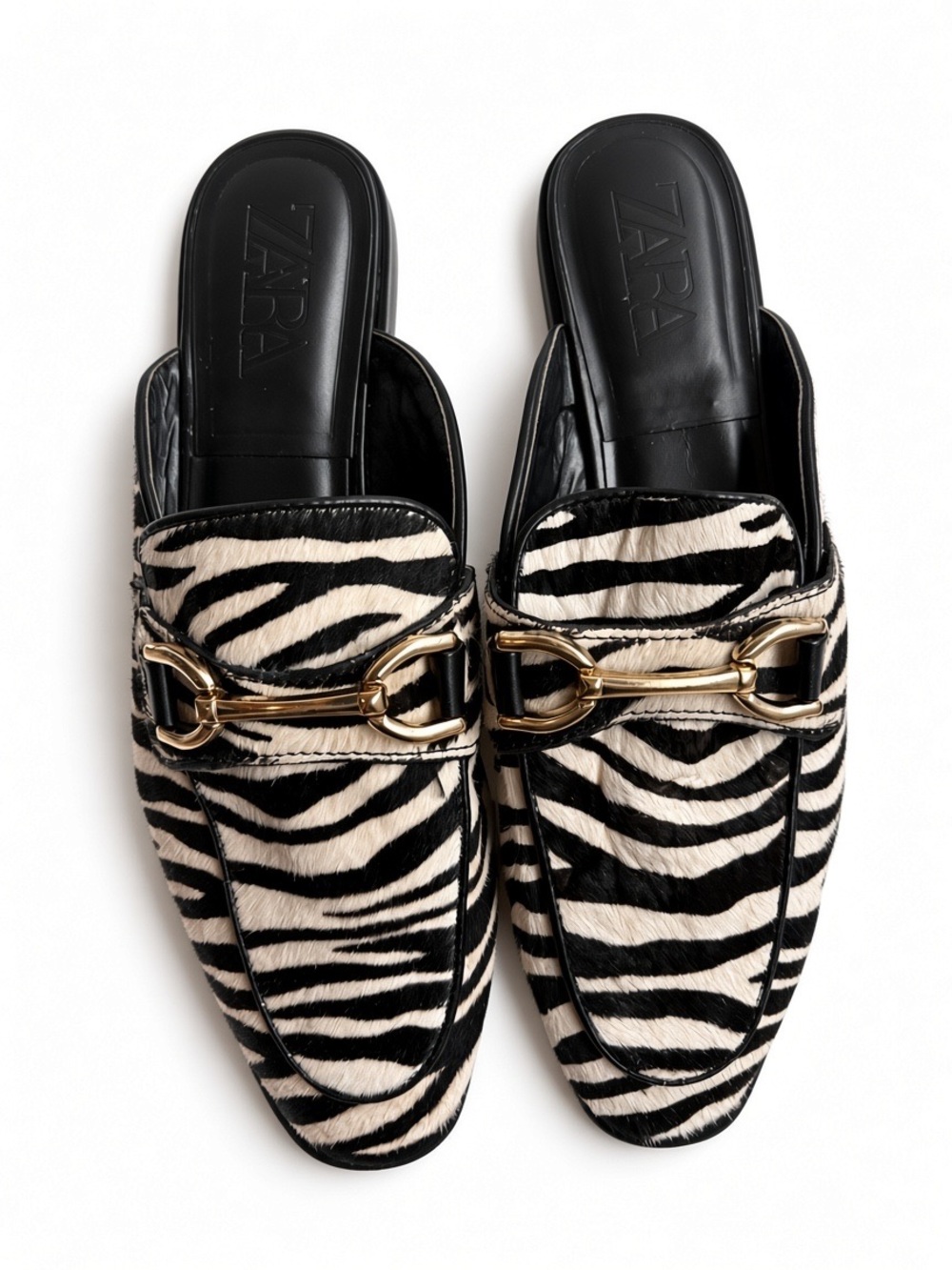 Zara Zebra Print Calf Hair Gold Bit Mule Loafers Size 38